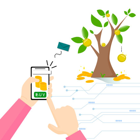 <p>Smart phone and money tree. Vector illustration in flat design style. Send command for investor. Investment concept. Push buy button with mobile to send mail in hands. To Grown up with tree. Investing money and financial growth success concept.</p>のイラスト素材