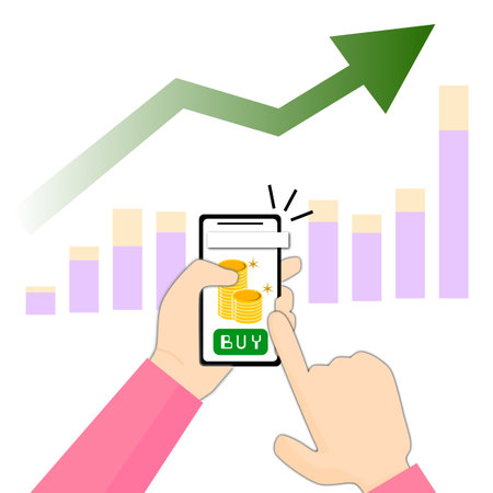 <p>Hand holding smartphone with growth graph. Vector illustration. Flat design. Purple value bar under the green arrow with isolate background.</p>のイラスト素材