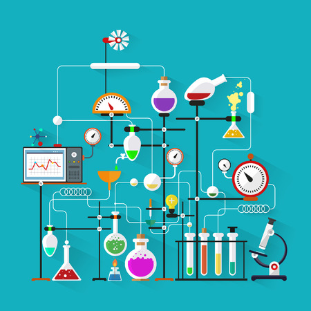 Flat design. Laboratory workspace and workplace concept.Chemistry, physics, biology.Modern vector illustration.のイラスト素材