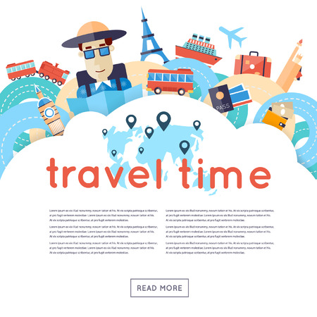 World Travel. Planning summer vacations. A man travels the world by train plane ship or bus. Roads. Summer holiday. Tourism and vacation theme. Flat design vector illustration. World Travel. Planning summer vacations. A man travels the world by train plane ship or bus. Roads. Summer holiday. Tourism and vacation theme. Flat design vector illustration.