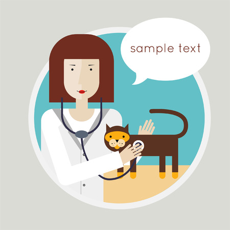 Woman veterinarian with cat. Vector illustration of a veterinarian flat design. Label.のイラスト素材