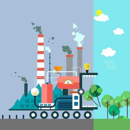 Factory monster eating nature. Vector flat illustration of pollution and ecofriendly landscapes. Ecology environmental protection green energy production factory pollution urban. Poster.のイラスト素材