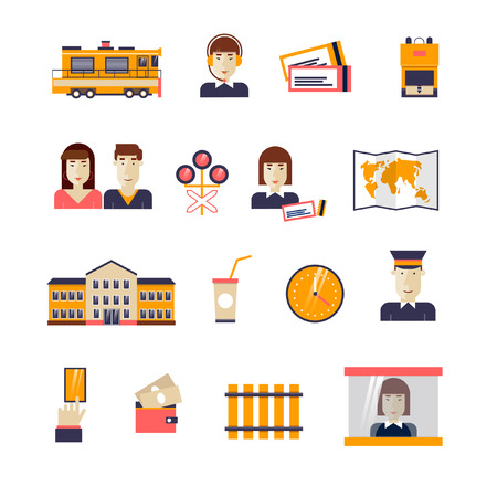 Railway set icons: train, conductor, train station, rails, passenger conductor, operator, traffic lights, map, backpack, card, cash, driver. Flat design.のイラスト素材