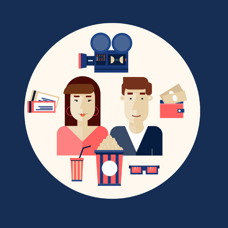 Man and a woman in a movie icons in circle. Tickets, camera, cinema, glasses, popcorn, drink. Flat icons vector illustration.のイラスト素材