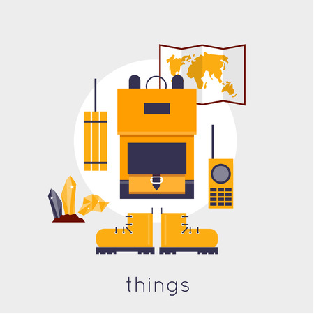 Mineral mining, black mining, coal industry. Backpack and work tools. Flat design vector illustration.のイラスト素材