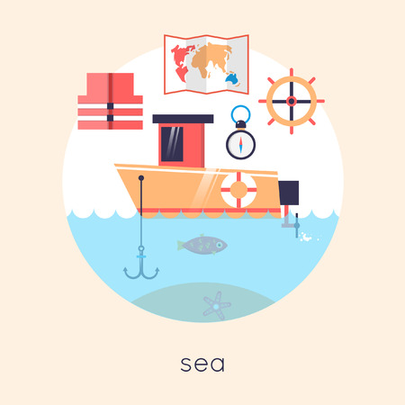 Diving. Summer vacation. Sea leisure. Boat icons in circle. Flat icons vector illustration.のイラスト素材