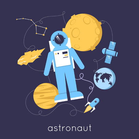 Astronaut in space. Moon, moon-walker, satellite, rocket, planet, asteroid. Flat design vector illustration.のイラスト素材