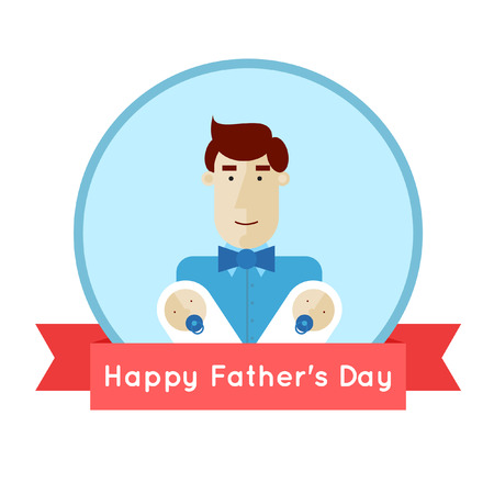 Father'S Day. Father holding two children. Flat vector illustration.のイラスト素材
