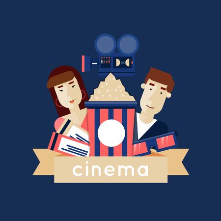 Man and a woman in a movie. Tickets, cinema, glasses, popcorn. Flat icons vector illustration.のイラスト素材