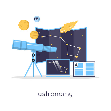 Astronomy laboratory workspace and science equipment concept. Flat design vector illustration.のイラスト素材