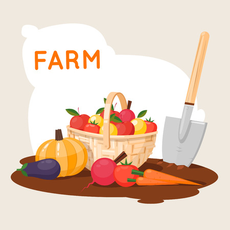 Vegetables grown on the farm. Ecologically-friendly product. Fruit Basket. Flat design vector illustration.のイラスト素材