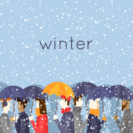 Merry christmas and a happy new year People with umbrellas snowing. Flat design vector illustration.のイラスト素材