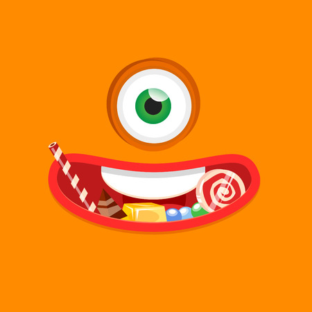 Halloween monster eating candy. Flat design vector illustration.のイラスト素材