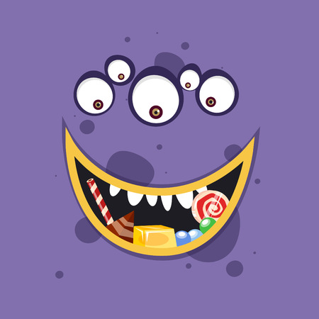 Halloween monster eating candy. Flat design vector illustration.のイラスト素材