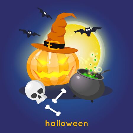 Happy halloween pumpkin and skull on the background of the moon with spider and bats. Halloween party. Poster, banner. Flat design vector illustration.のイラスト素材