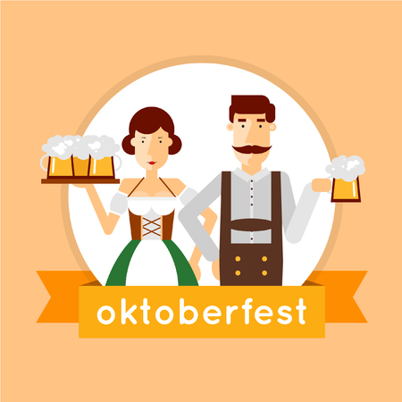 Oktoberfest man and a woman holding a beer. Flat style vector illustration.のイラスト素材