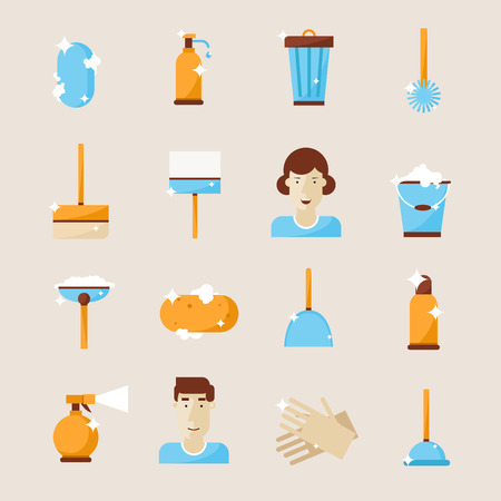 Cleaning and hygiene tools. Set of icons.Vacuum cleaner, detergent, sponge, trowel, squeegee. Flat design vector illustration.のイラスト素材