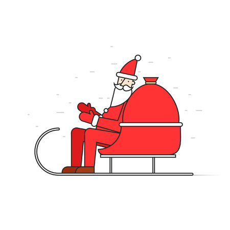 Merry Christmas and Happy New Year Santa Claus rides in a sleigh thin line. Flat design vector illustration.のイラスト素材