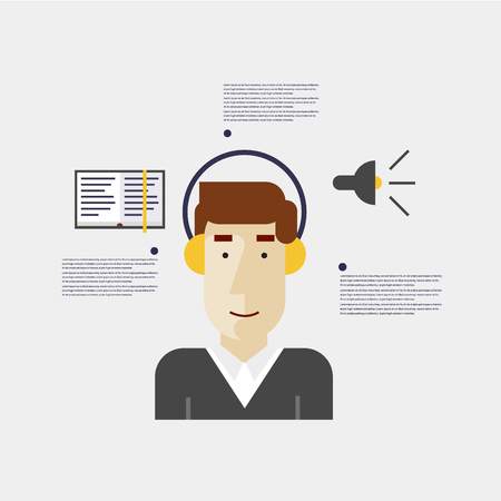 Audio-book. Young man listening to an audiobook. Flat design.のイラスト素材