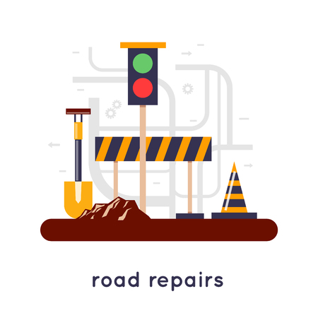 Road repair construction tools, closed road, construction site. Flat design.のイラスト素材