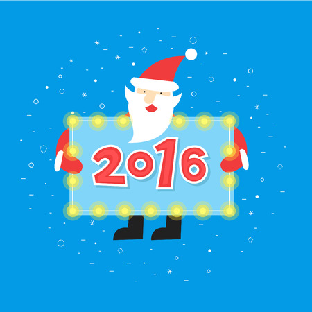 Merry christmas and a happy new year. Santa Claus is holding a plate with the inscription. Poster, banner, card. Flat design vector illustration.のイラスト素材