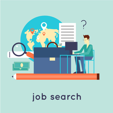 Job search. Looking for a vacancy, professional development. Flat design vector illustration.のイラスト素材