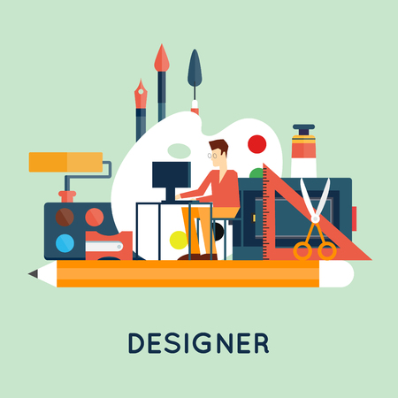 Designer character and workspace with tools and devices in modern flat style. Creative process, logo and graphic design, design agency. Flat design vector illustration.