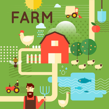 Farm poster concept. Harvesting, agriculture. Flat design vector illustrationのイラスト素材