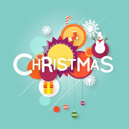 Merry Christmas and Happy New Year poster with stylish text, postcard, banner, printed matter, greeting card. Flat design.のイラスト素材