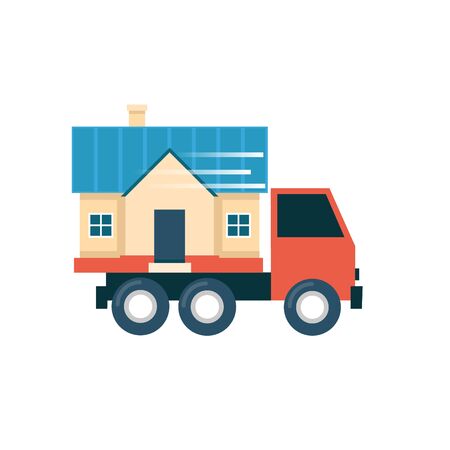 Truck carries home a crossing, housewarming. Flat design illustration.のイラスト素材