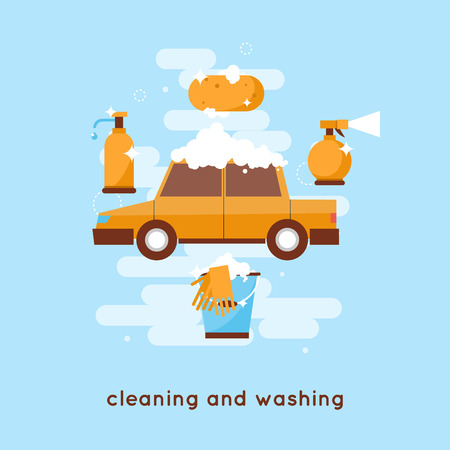 Cleaning and washing car Flat style illustrationのイラスト素材