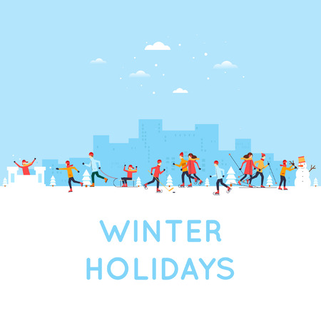 People doing an active winter vacation, winter sports, outdoors. のイラスト素材