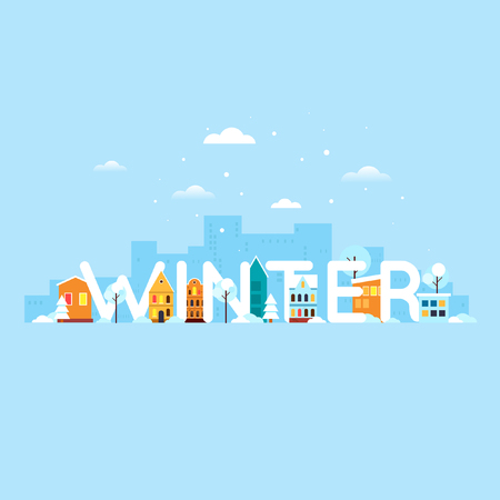 Winter cityscape with the inscription. Snowy old city. Greeting card. New year. Flat design vector illustration.のイラスト素材