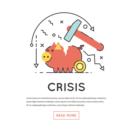 Broken Piggy Bank by hummer a thin line. Economic crisis, Capital leakage, Money losses, depression. Flat design vector illustration.のイラスト素材