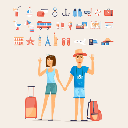 Traveling couple and set of icons. Character design vector illustration.のイラスト素材