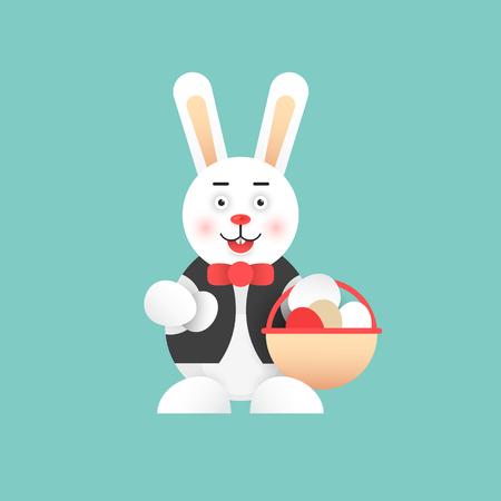 Easter bunny holding a basket with painted eggs. Flat illustration.のイラスト素材
