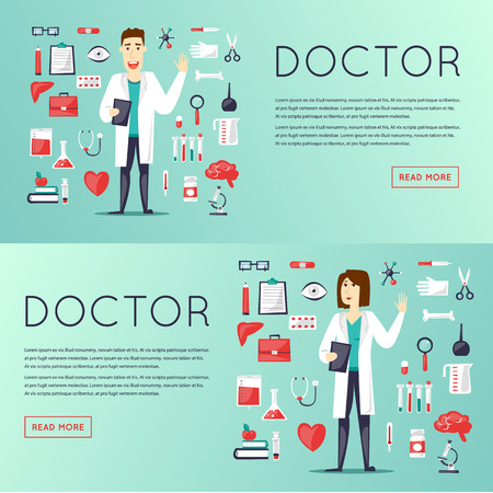 Doctor and medical icons set, cure, health, medicines, tablets character design. Flat vector web banners.のイラスト素材