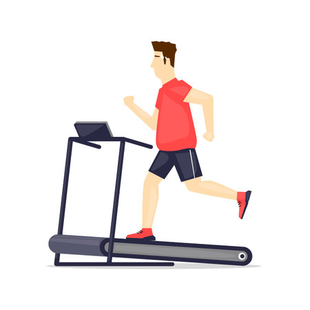 Fat man running on treadmill, sport, fitness, athletics, healthy lifestyle. Cartoon. Vector illustration flat design.のイラスト素材