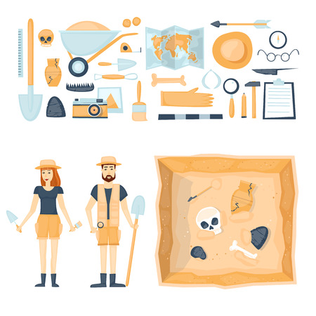 Archeology. Archaeologists man and woman, discovering a jug, treasure hunters ancient artifacts. Tools for excavations. Characters. Isolated on background. Flat style vector illustration.のイラスト素材