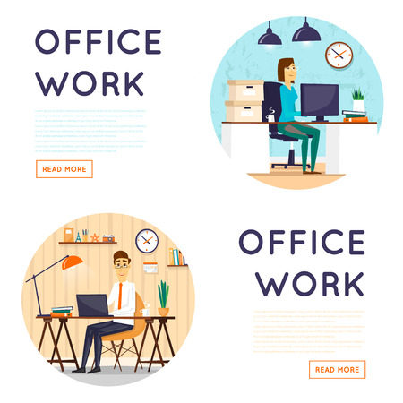 Man and woman sitting at the table and working on the computer. Business, office work, workplace. Composition in lap. Flat design vector illustration.のイラスト素材