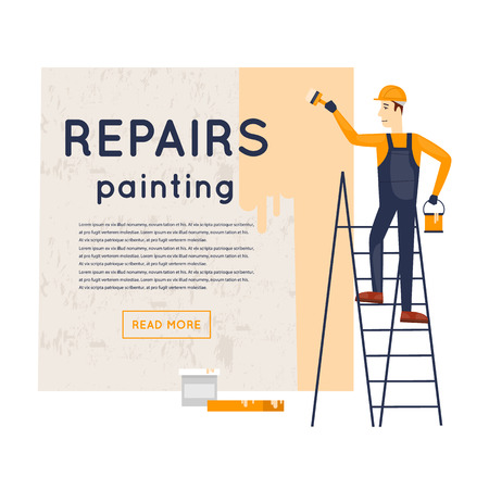 Worker standing on stairs with brush and paint painting the wall. Repair, construction, painting. Character. Flat style illustration.のイラスト素材
