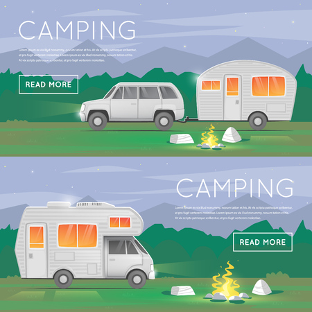 Hiking and outdoor forest camping. Camper trailer family. Summer campers trailers. Tourist campers. Summer landscape. Summer adventure. Summer night landscape. Flat design illustration.のイラスト素材