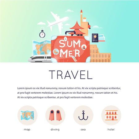 Page web design template World Travel, summer vacation, tourism and journey, traveling set of icons. Vintage suitcase with stickers. Flat design vector illustration.のイラスト素材