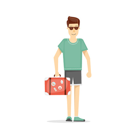 World Travel. Guy with the suitcase on a white background. Tourist on vacation. Character design. Trip to Europe. Planning summer adventure.のイラスト素材