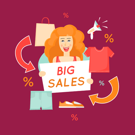 Happy girl with a big sale banner. Discount. Shopping. Character. Flat design vector.のイラスト素材