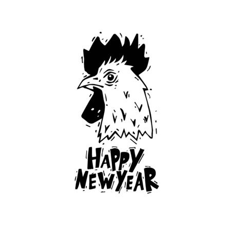 Happy New Year. Cock. Hand draw. Black on white. Lettering. Flat design vector illustration.のイラスト素材