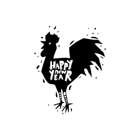 Happy new year. Cock. Hand draw. Black on white. Lettering. Flat design vector illustration.のイラスト素材