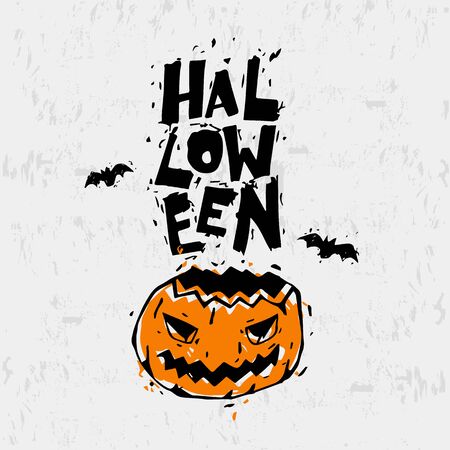 Happy halloween poster, banner, fly-er. Pumpkin. Lettering, calligraphy, lino-cut. Halloween party. Flat design vector illustration.のイラスト素材
