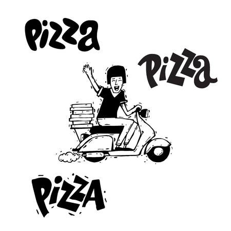Pizza delivery boy riding motorbike, isolated on white background. Lettering, calligraphy, lino-cut. Hand-drawn. Flat design vector illustration.のイラスト素材