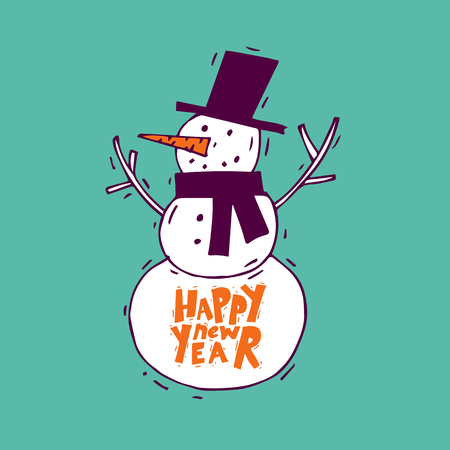 Happy New Year and Merry Christmas. Snowman. Lettering, calligraphy, lino-cut. Greeting card. Flat design vector illustration.のイラスト素材